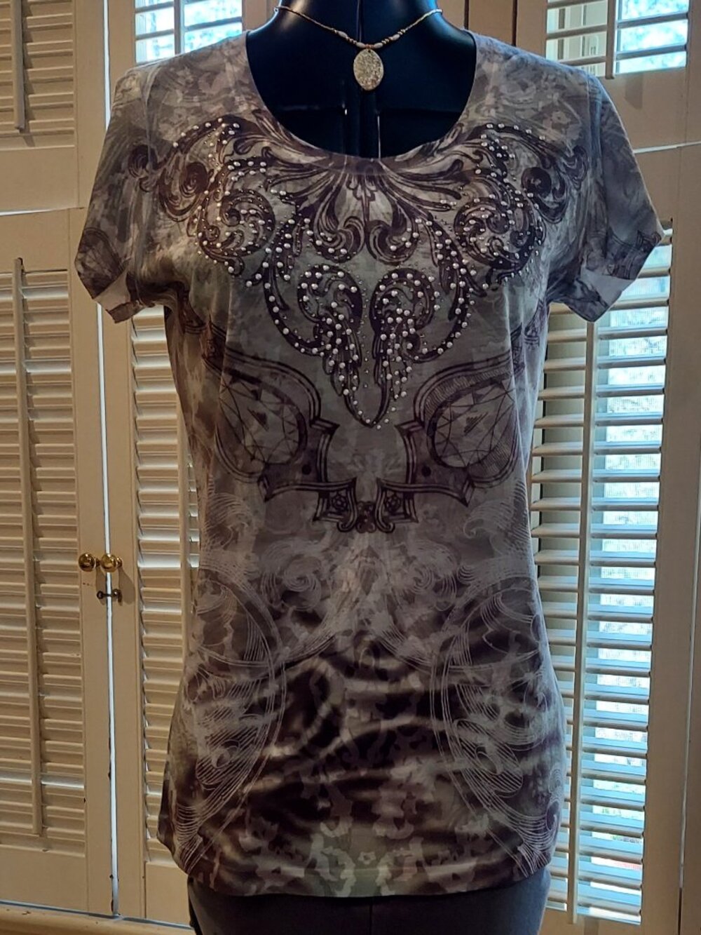 T-Shirt in Soft Hues of Green, Gray & Brown with Silver Rhinestones Maurices M